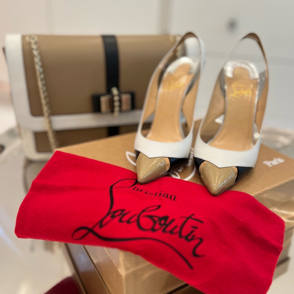 Christian Louboutin Tan and White Slingback Heels